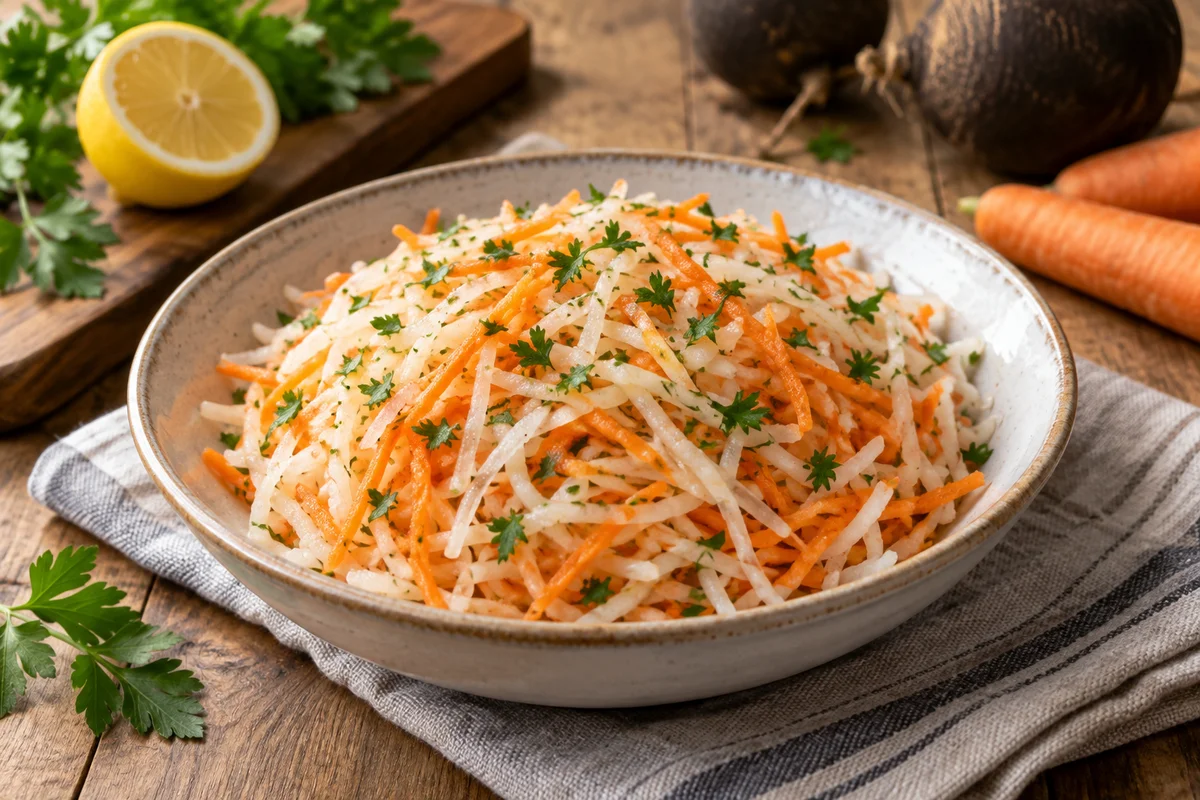 Salată de ridiche neagră cu morcov — preparat servit