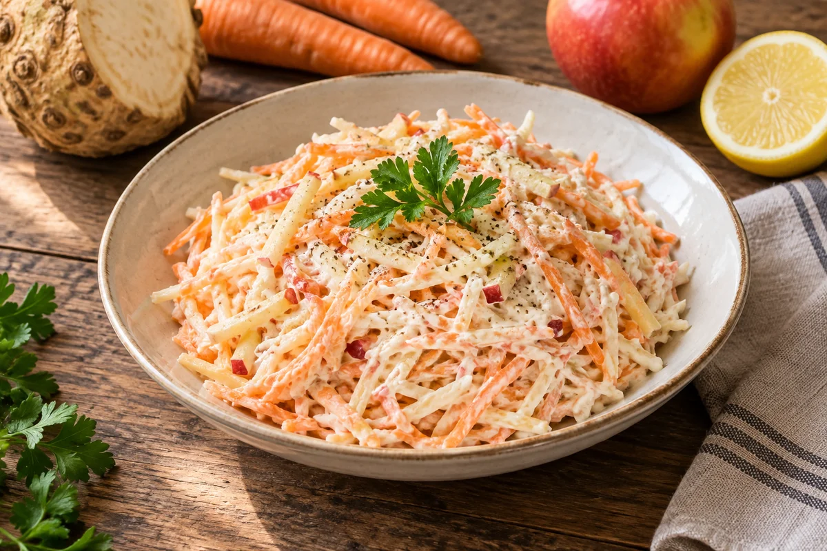 Salată de țelină, morcov și măr — preparat servit