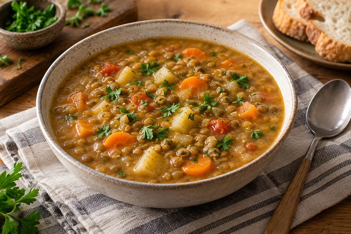 Supă cremoasă de linte verde cu legume — preparat servit