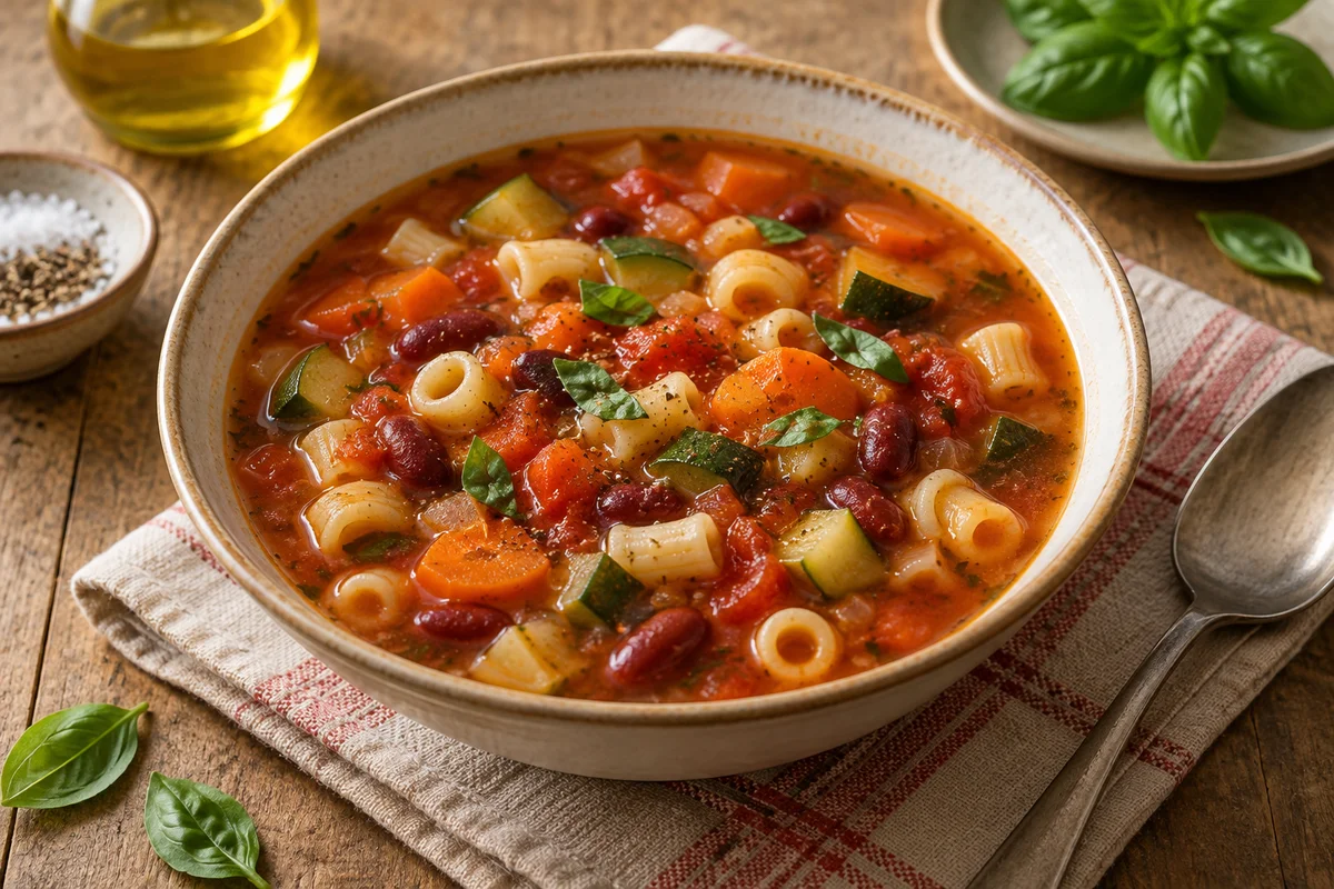 Supă minestrone cu fasole și paste — preparat servit