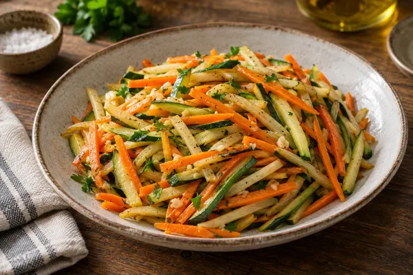 Legume julienne la tigaie cu usturoi — imagine ilustrativă